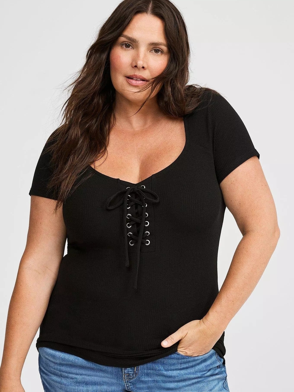 Torrid Black Lace-Up Ribbed Short Sleeve Top